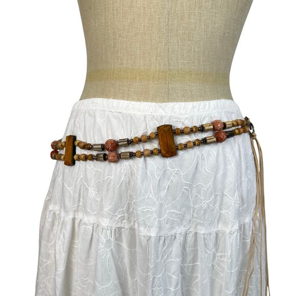 Vintage Silver and Wooded Beaded Detailing Boho Western Tie Belt (Sz L/XL) main image 6